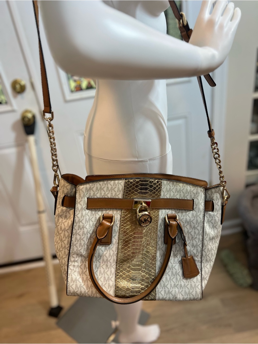 Michael Kors Cream Logo Tote with Brown Trim and Gold Center Panel